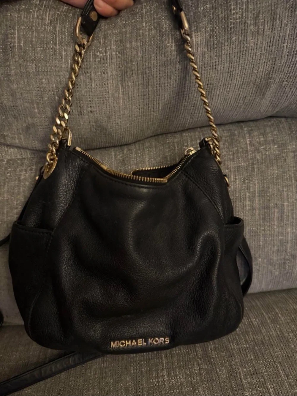 Michael Kors Black Leather Hobo Shoulder Bag with Gold Hardware